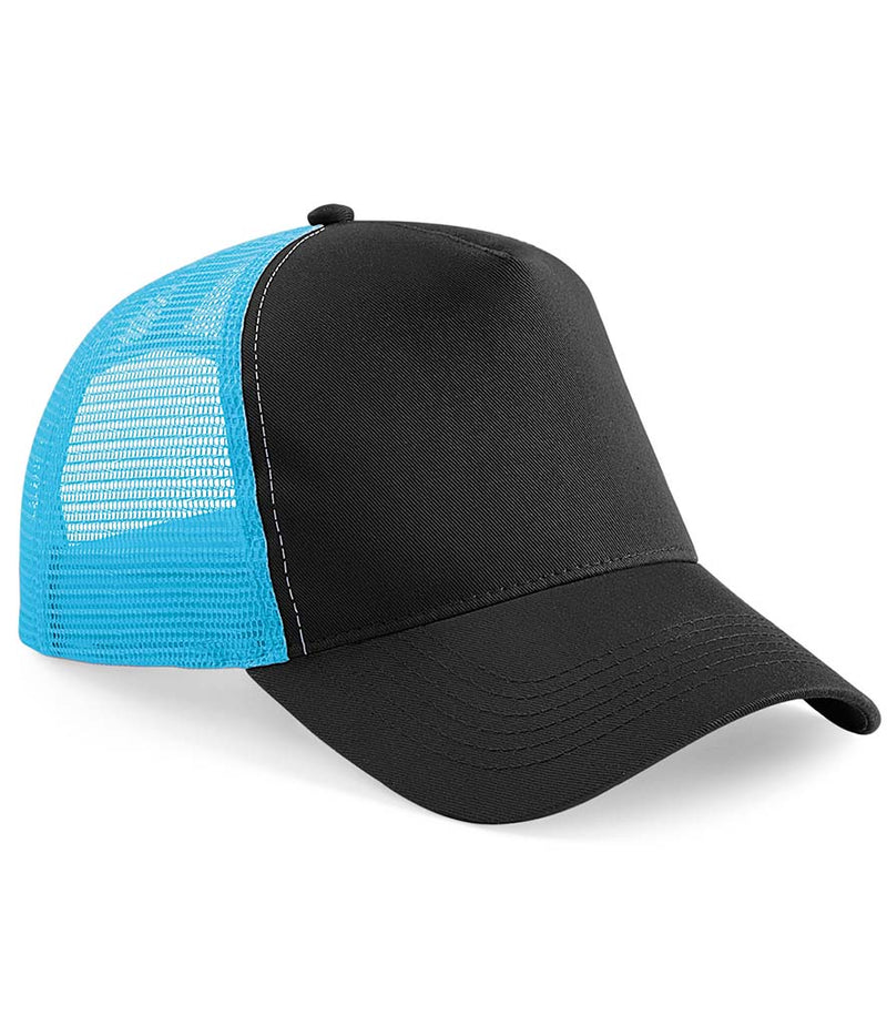Load image into Gallery viewer, Beechfield Snapback Trucker Cap | Black/Surf Blue